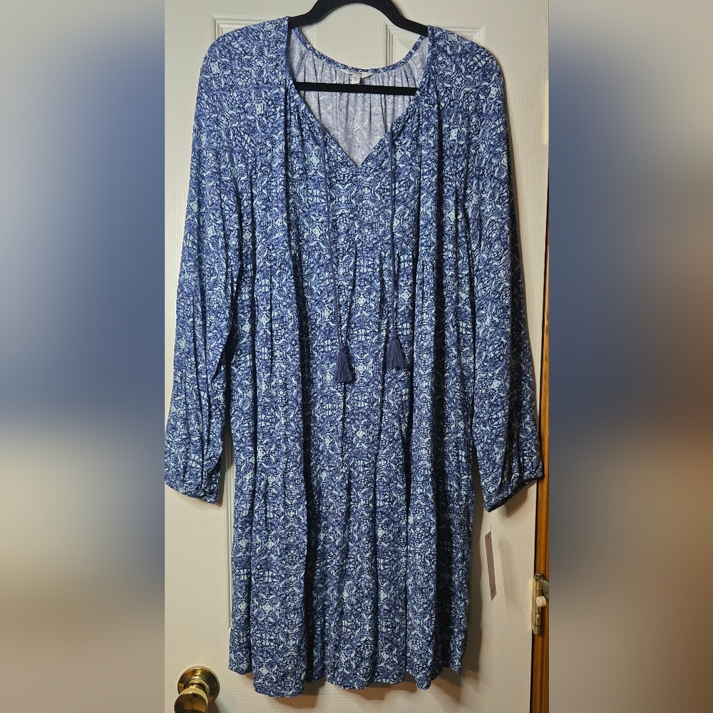 Women's XL Blue Patterned Dress Boho Peasent Flowy Chic Beach Swim Cover Up